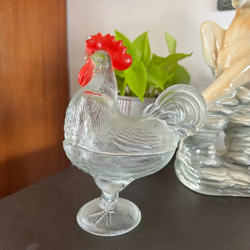 VTG Clear Glass Rooster Candy Dish Red Comb Pedestal Covered Compote Bowl MCM
